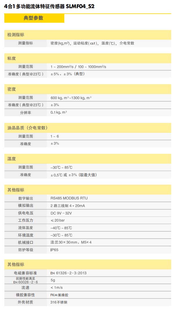 4合1多功能流體特征傳感器典型參數(shù)